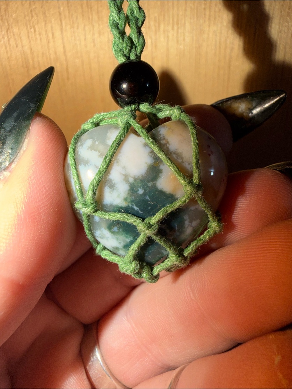 Green Moss Agate Heart Pendant Necklace - Handmade Cord